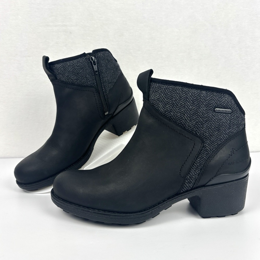 Merrell Chateau II Mid Pull Waterproof Boots Women’s 7.5 Black Gray Wool Leather